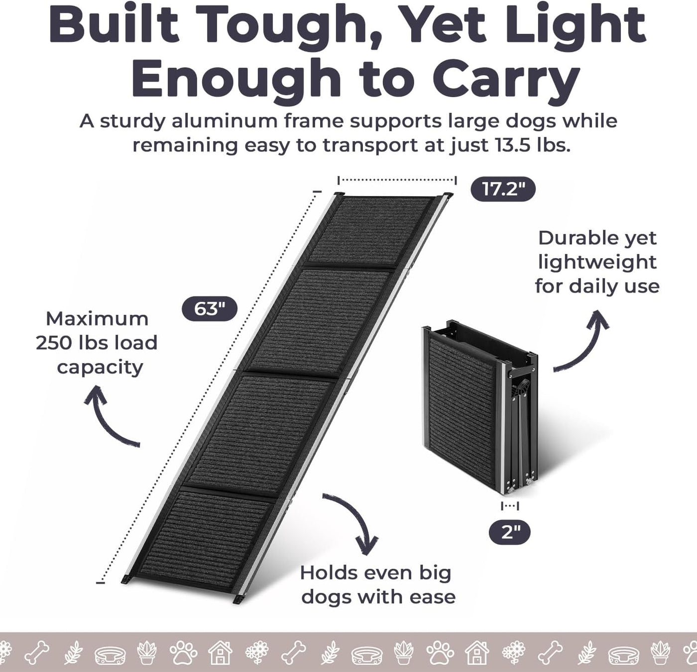 Dog Ramp for Car, SUV & Truck – Wide Folding Ramp for Large Dogs – Non-Slip Rug Surface – Reflective Strips, Portable with Carrying Bag – 63" Long X 17" Wide – Supports up to 200 Lbs