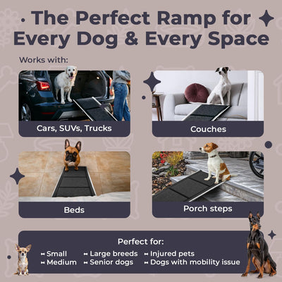 Dog Ramp for Car, SUV & Truck – Wide Folding Ramp for Large Dogs – Non-Slip Rug Surface – Reflective Strips, Portable with Carrying Bag – 63" Long X 17" Wide – Supports up to 200 Lbs