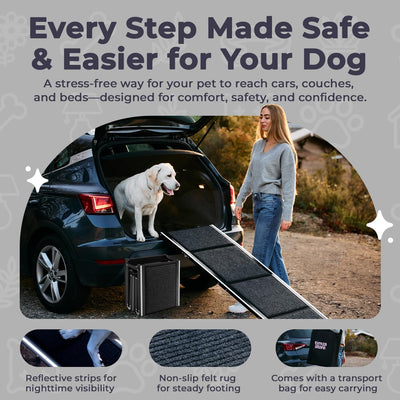 Dog Ramp for Car, SUV & Truck – Wide Folding Ramp for Large Dogs – Non-Slip Rug Surface – Reflective Strips, Portable with Carrying Bag – 63" Long X 17" Wide – Supports up to 200 Lbs