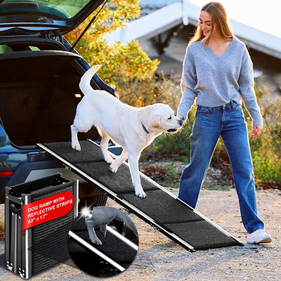 Dog Ramp for Car, SUV & Truck – Wide Folding Ramp for Large Dogs – Non-Slip Rug Surface – Reflective Strips, Portable with Carrying Bag – 63" Long X 17" Wide – Supports up to 200 Lbs